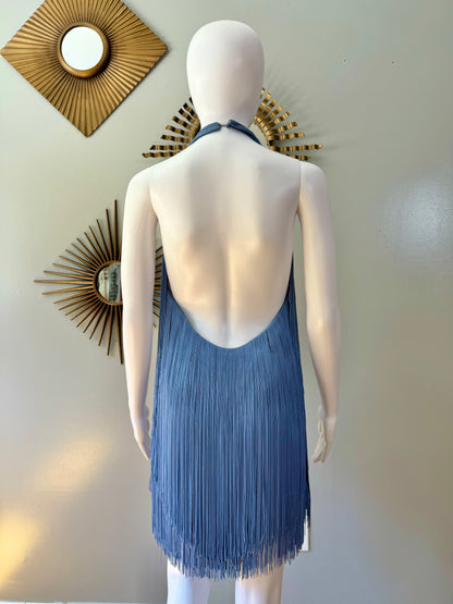 ZARA - Blue Fringed Halter Mini Dress w/ Low Back