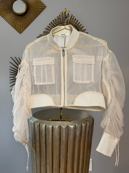 SNIDEL - Beige Sheer Cropped Bomber Jacket