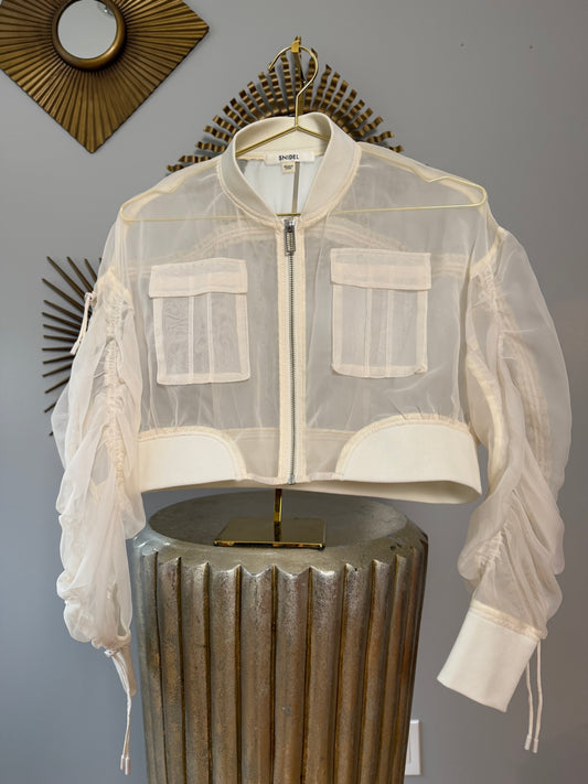 SNIDEL - Beige Sheer Cropped Bomber Jacket
