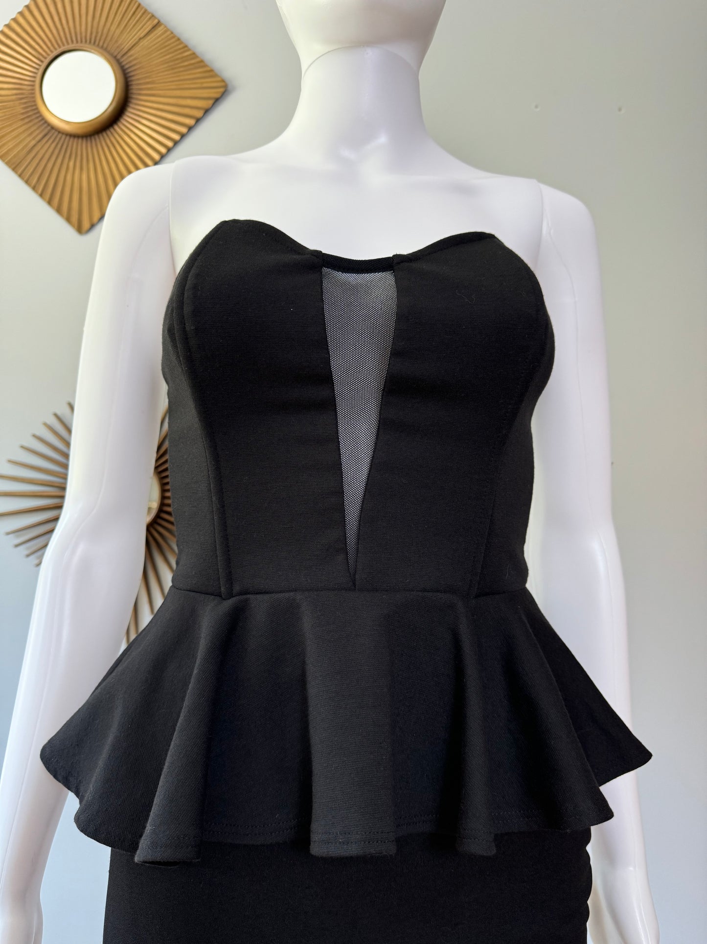 Black Peplum Strapless Top w/ Mesh Insert