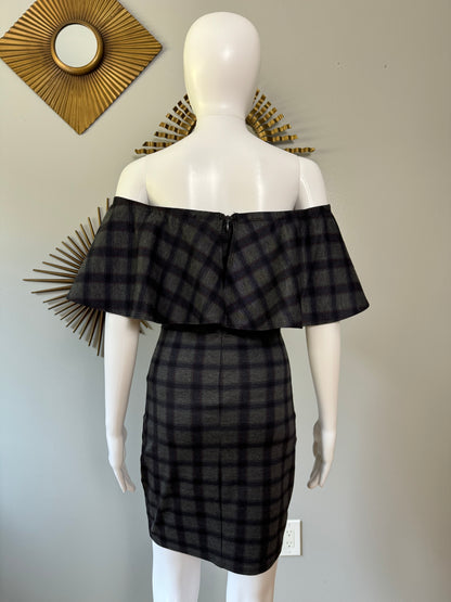 Lulu’s - Gray Plaid Off-Shoulder Dress