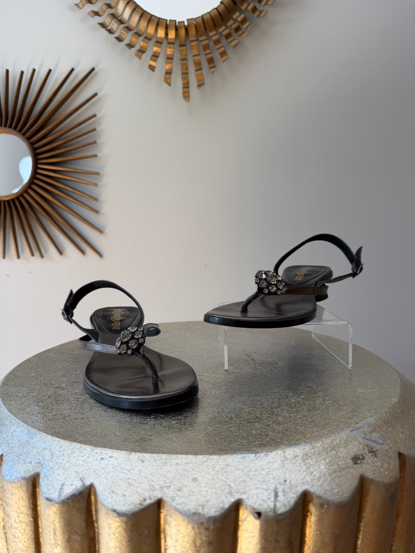 Yves Saint Laurent Black Jeweled T-Strap Slingback Sandals