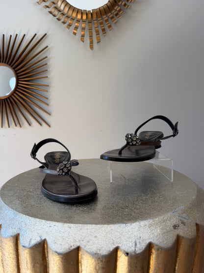 Yves Saint Laurent Black Jeweled T-Strap Slingback Sandals