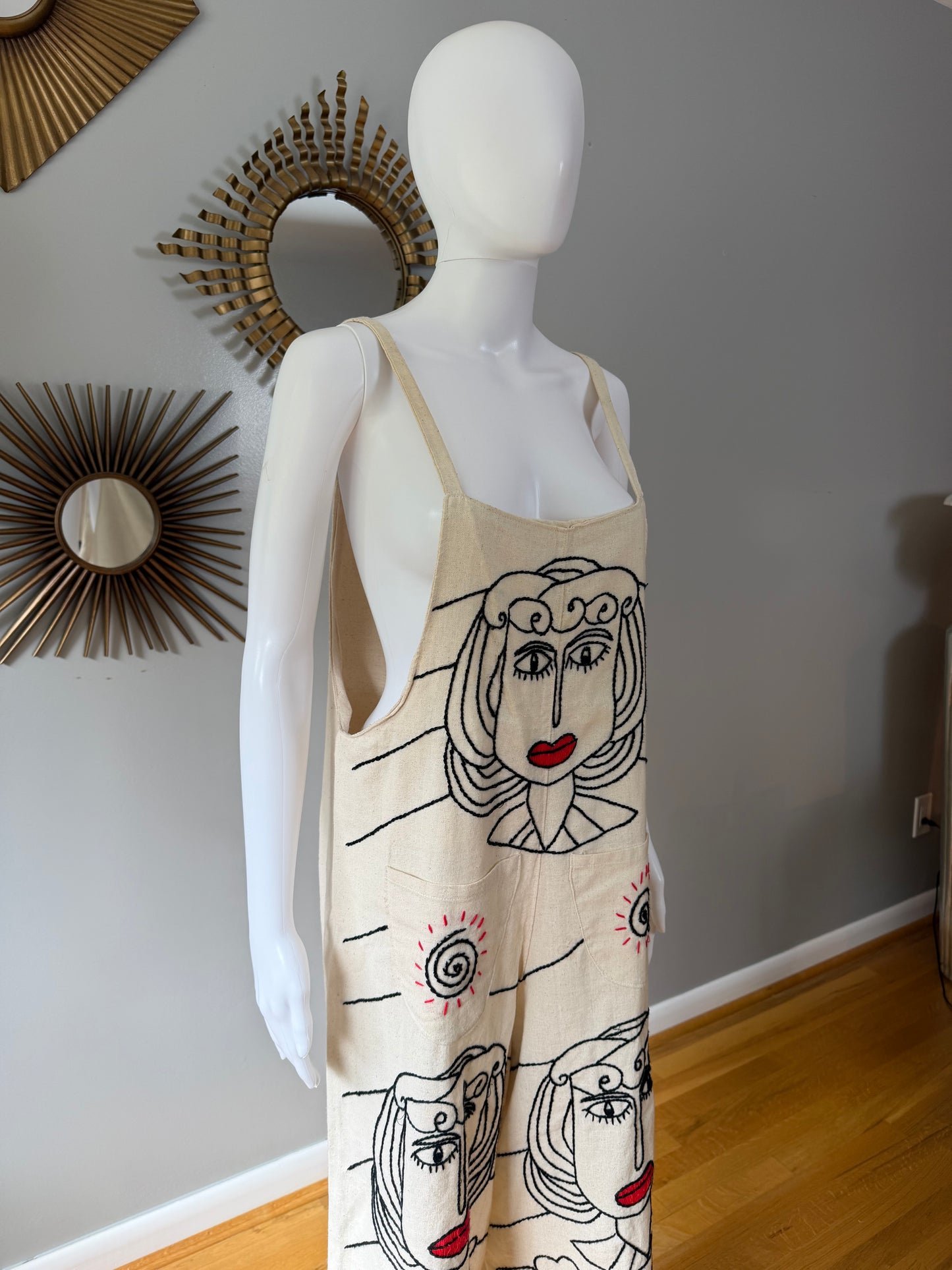 Beige Madame Red Hand Embroidered Overalls