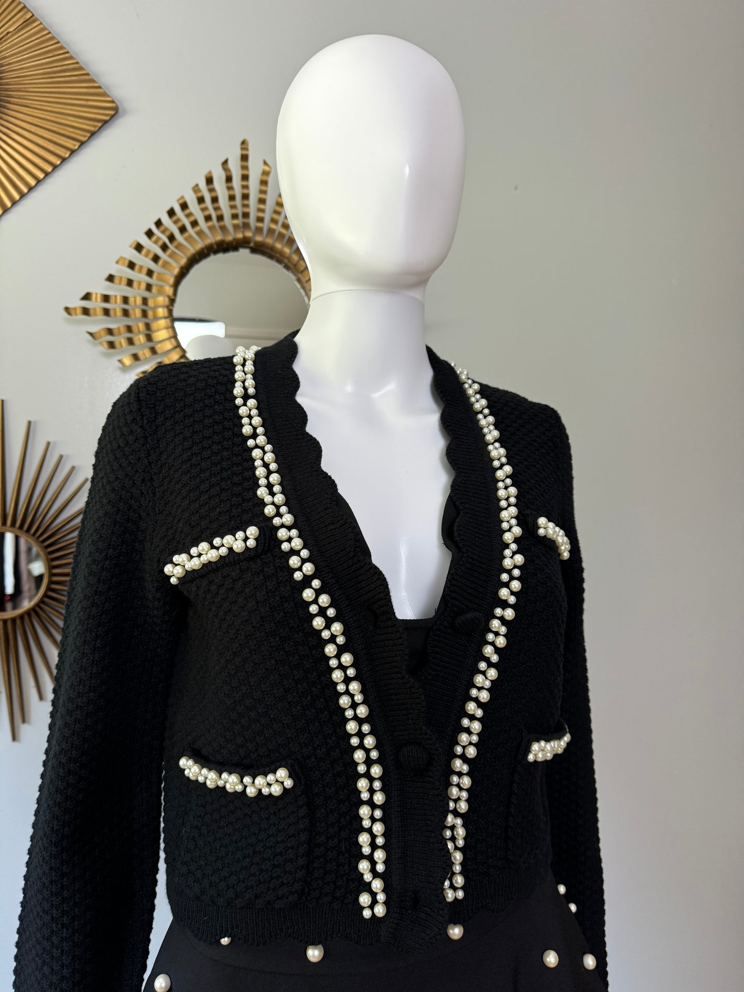 House of Harlow - Black Cardigan W/ Pearl Embellishment