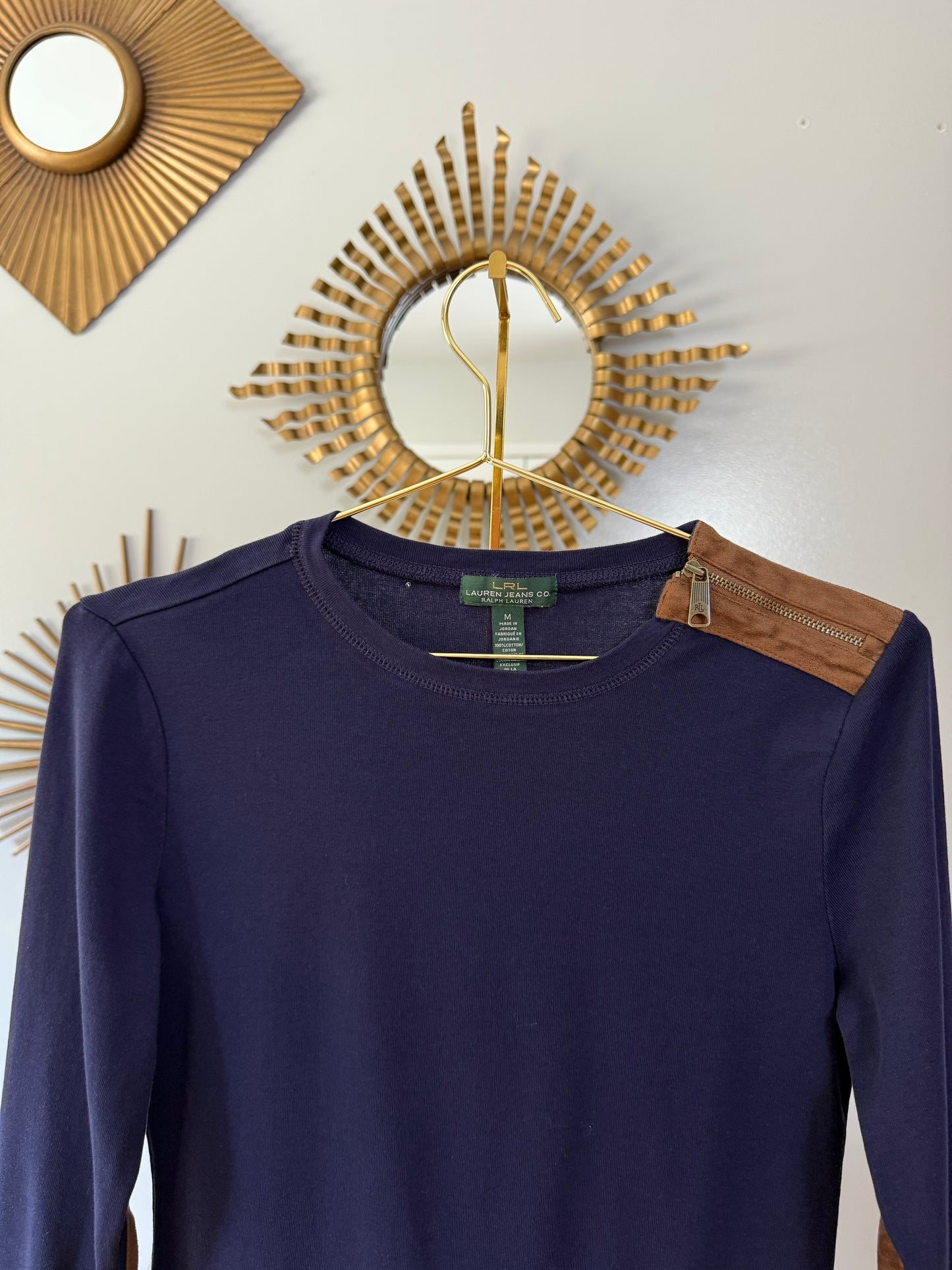 Ralph Lauren - Blue Top w/ Tan Zipper Detail & Elbow Patches