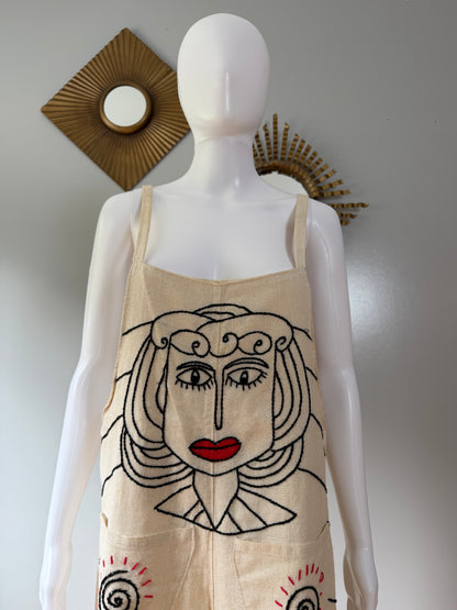 Beige Madame Red Hand Embroidered Overalls