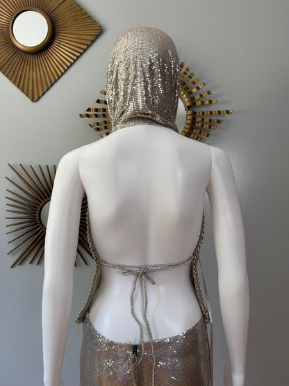 The Dolls House Silver Chainmail Set – Metallic Hooded Top & Mini Skirt Statement Outfit