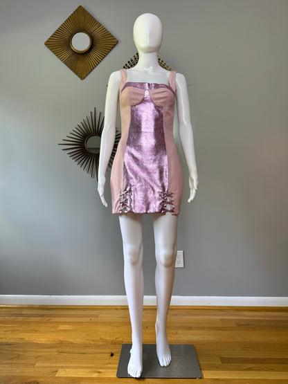 H:ours - Pink Faux Leather Mini Dress W/ Metallic Panels