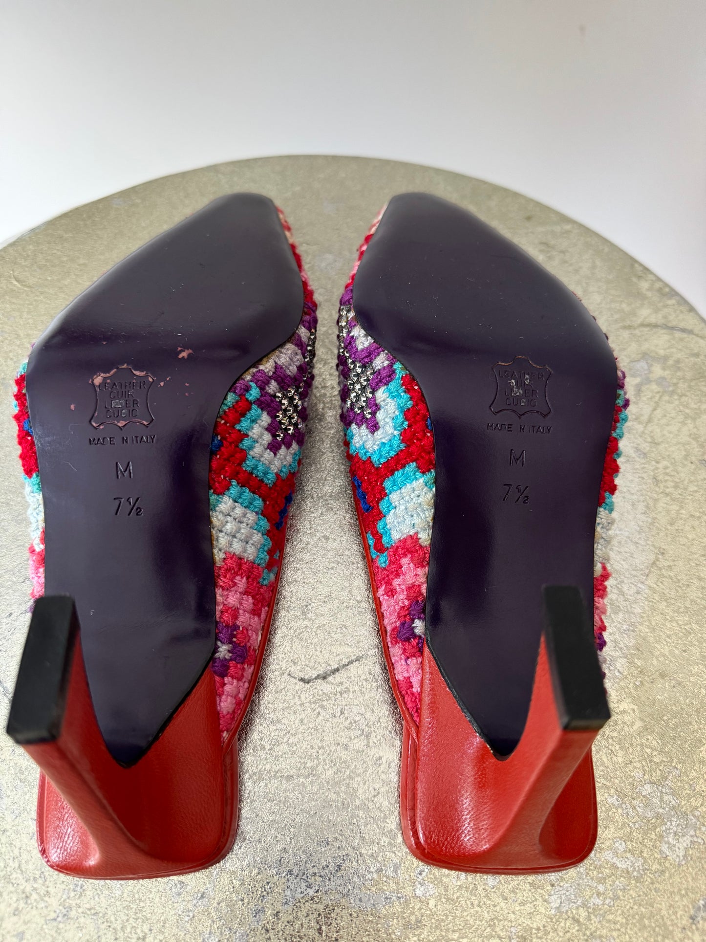 FENDI - Red Embroidered Leather Mules With Rhinestones