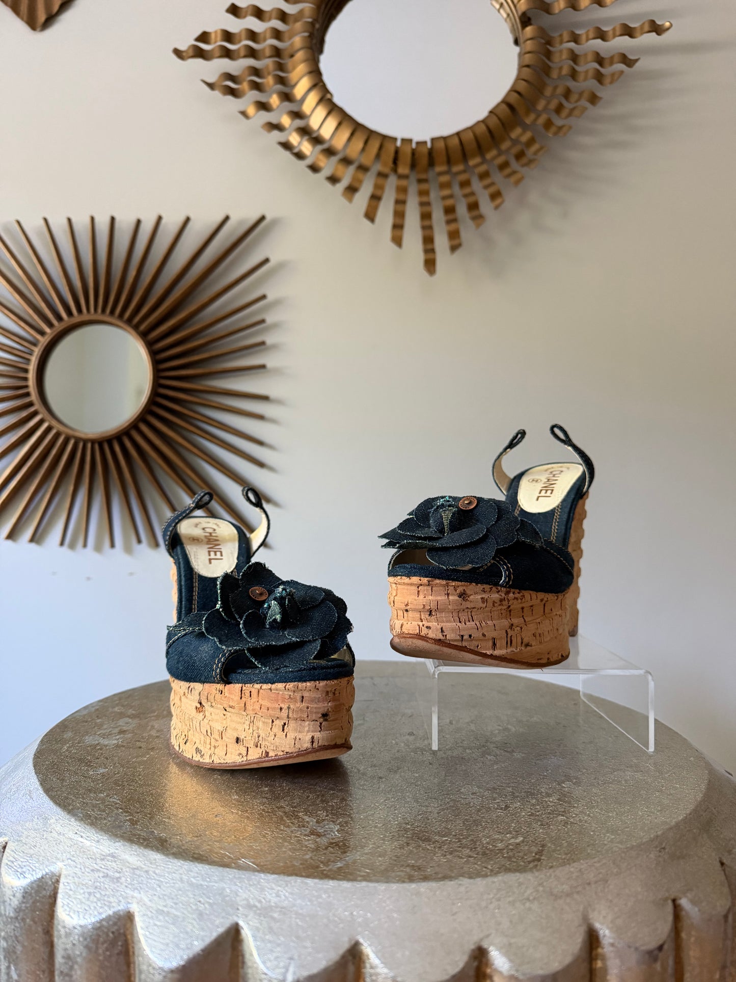 CHANEL - Blue Denim Camellia Cork Platform Slingback Wedges