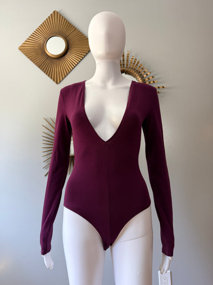 Express - Wine Deep V Neck Bodysuit