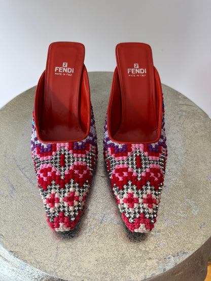 FENDI - Red Embroidered Leather Mules With Rhinestones