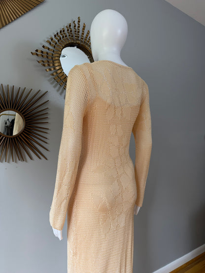 Free People Beige Crochet Maxi Dress – Boho Sexy Long Sleeve Slit Dress