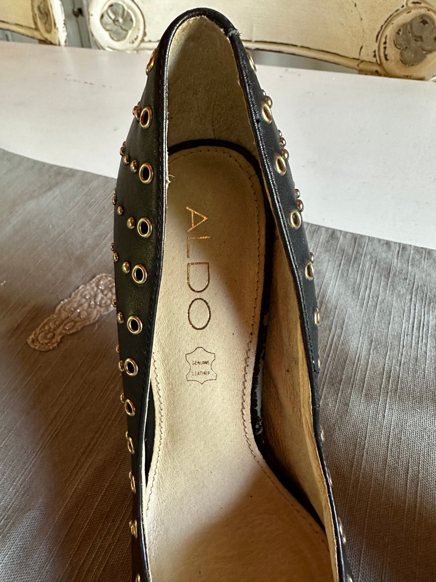 ALDO - Black Leather Stiletto Pumps w/ Gold Studs
