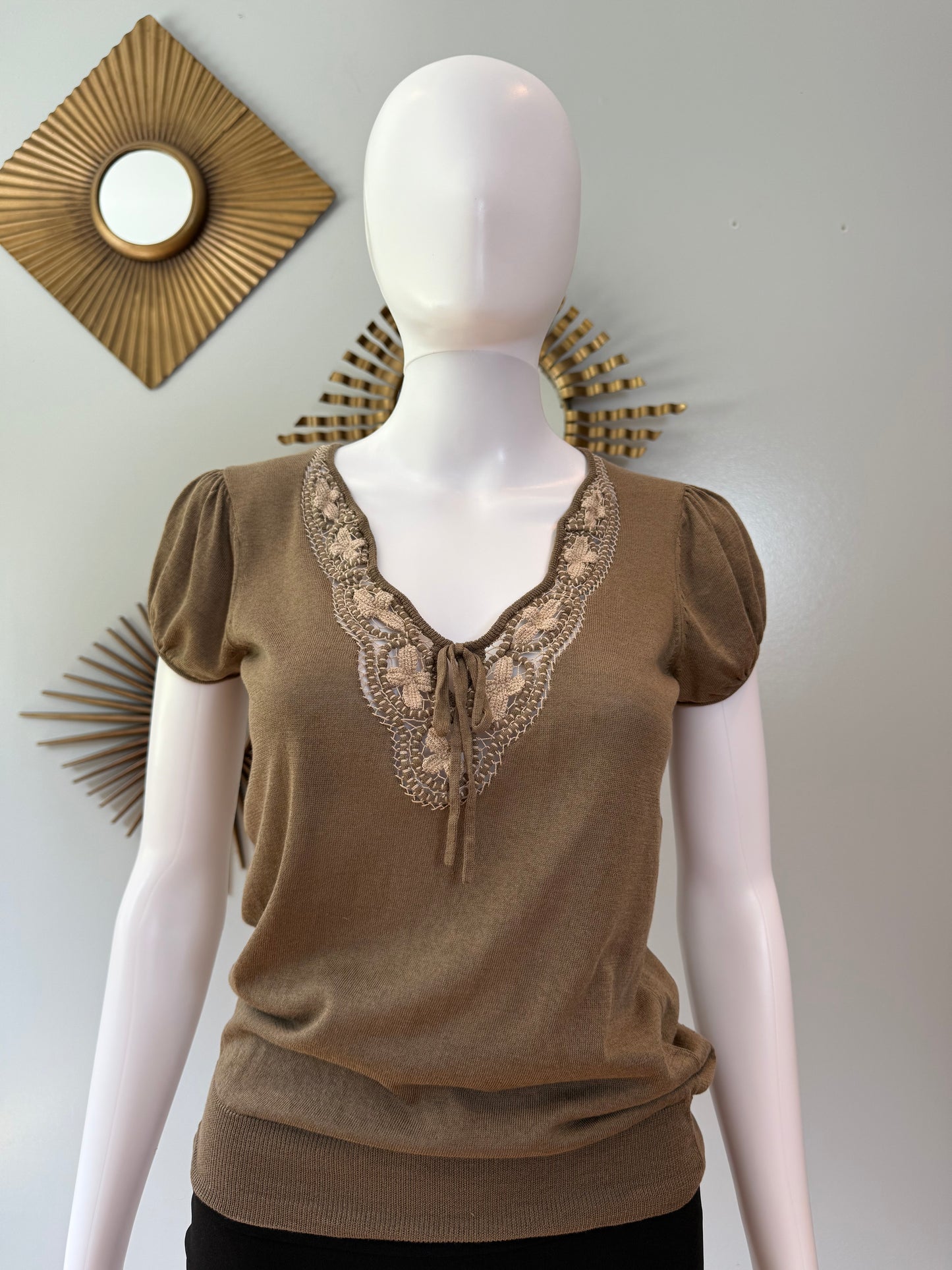 Elie Tahari - Brown Crochet Neck Top