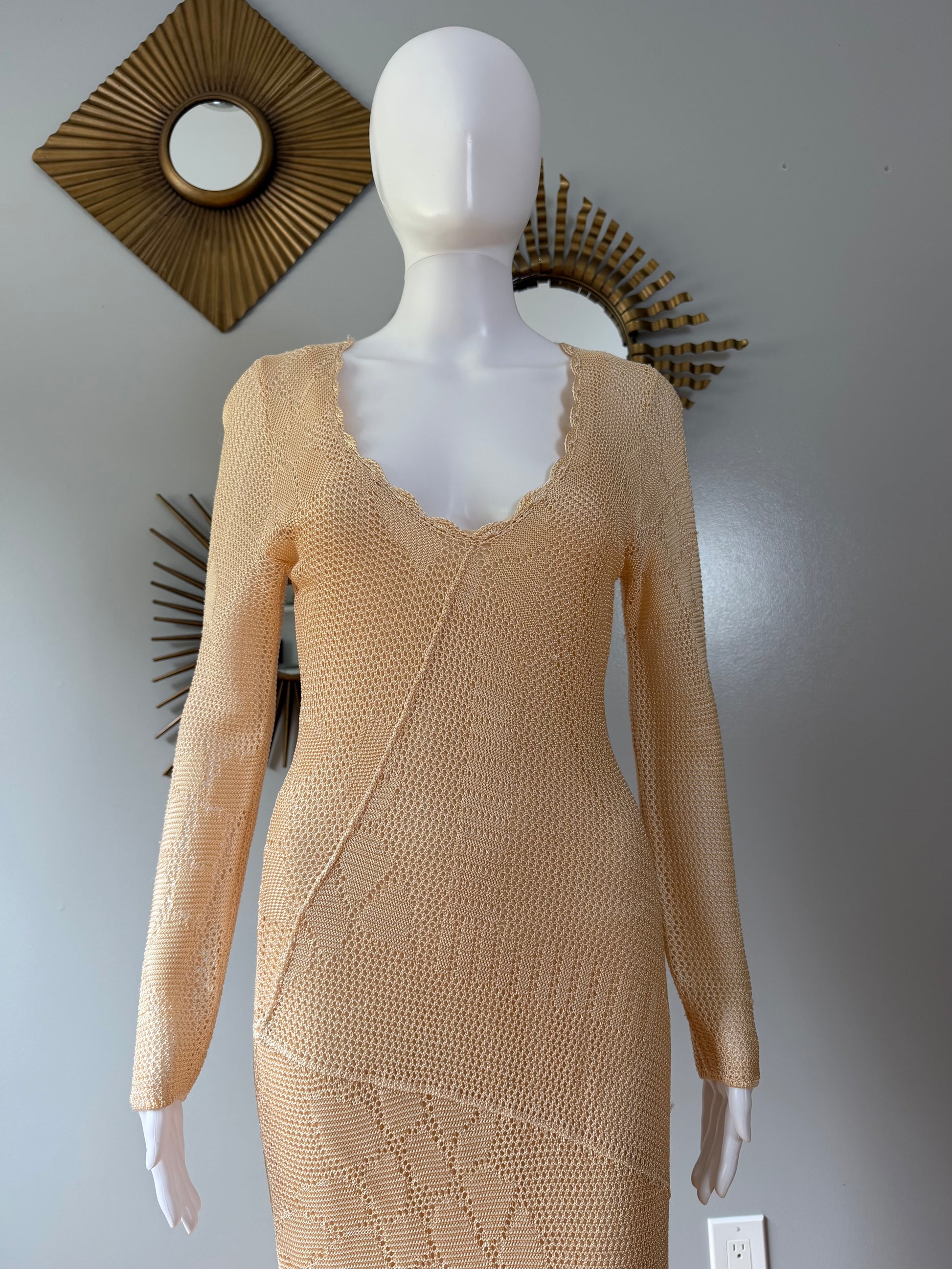 Free People Beige Crochet Maxi Dress – Boho Sexy Long Sleeve Slit Dres – Chic Couture Closet ATL