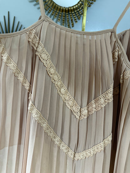 The Cove - Tan Pleated Top w/ Crochet Details