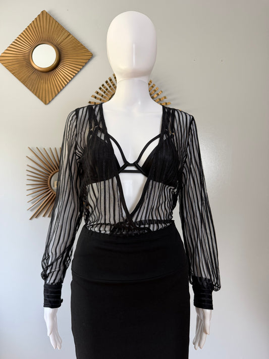 Superdown- Black Dila Sheer Striped Bodysuit