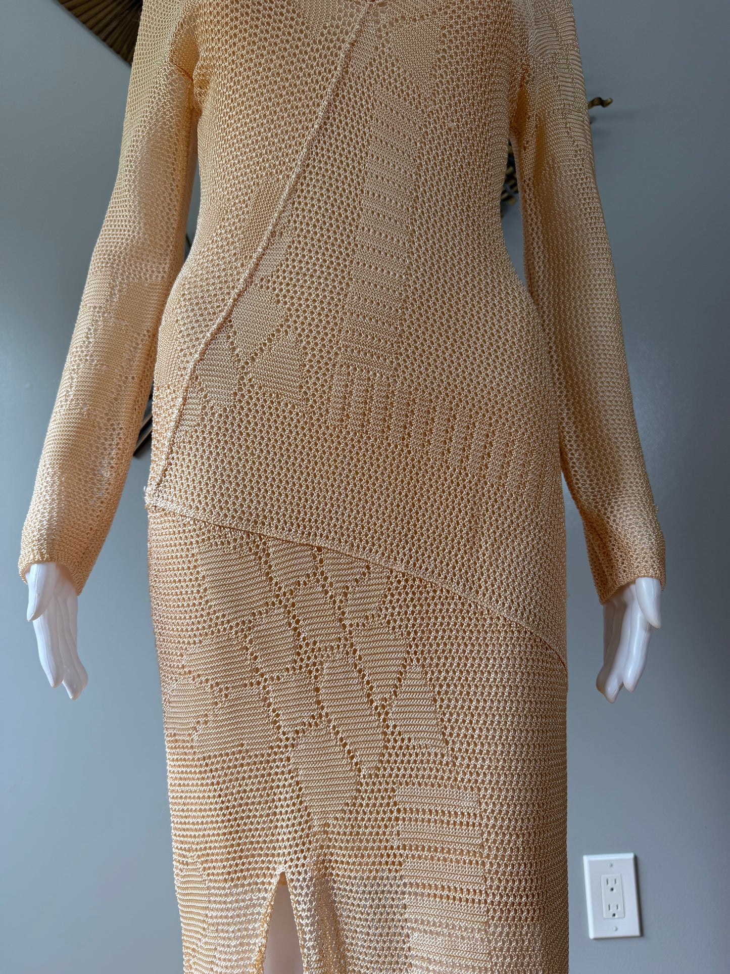 Free People Beige Crochet Maxi Dress – Boho Sexy Long Sleeve Slit Dress