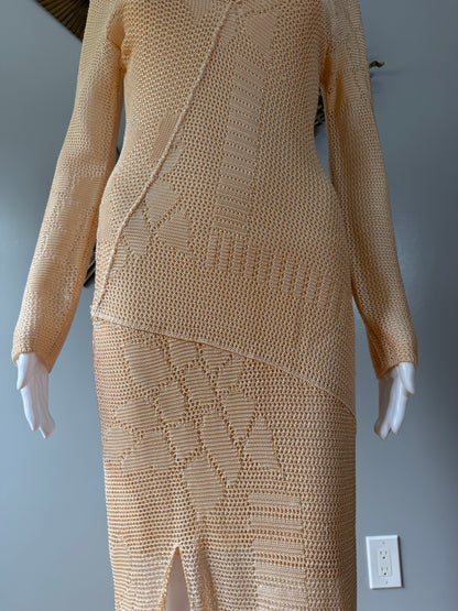 Free People Beige Crochet Maxi Dress – Boho Sexy Long Sleeve Slit Dress