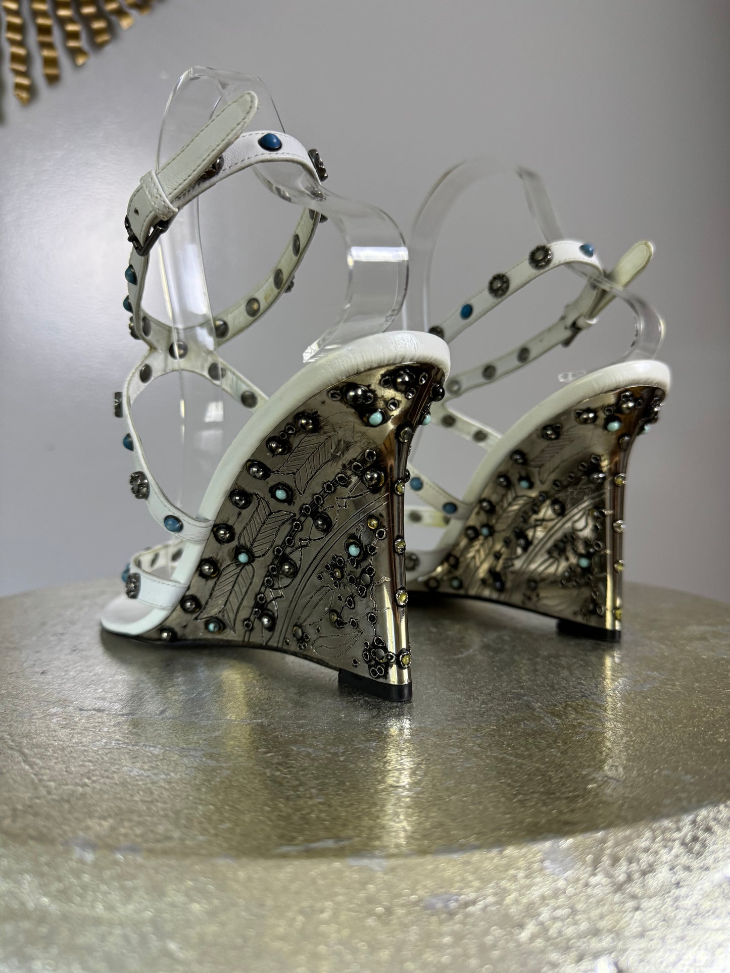 Dolce & Gabbana - White Leather Wedge Sandal With Silver Embellishment