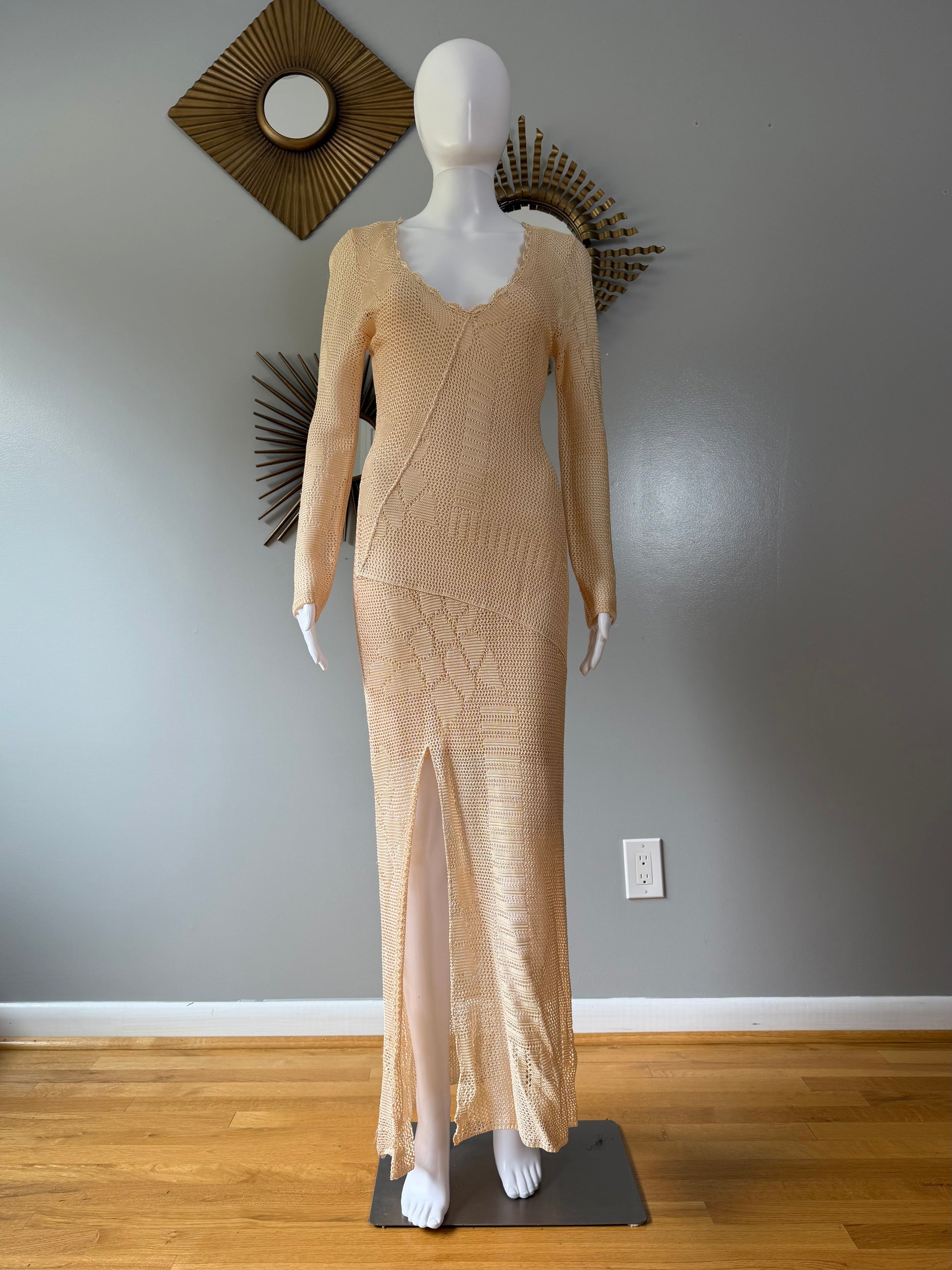 Free People Beige Crochet Maxi Dress – Boho Sexy Long Sleeve Slit Dres – Chic Couture Closet ATL