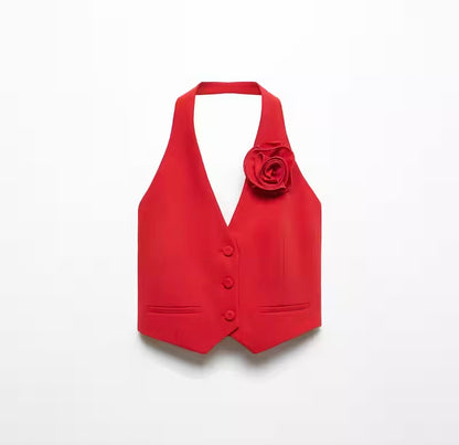 MANGO - Red Rosette Halter Vest