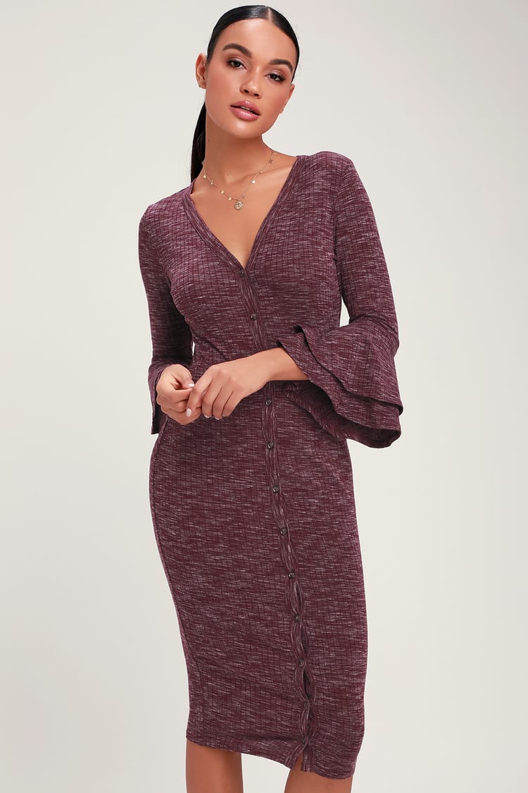 Lulu’s - Burgundy Ribbed Button Up Midi Dress