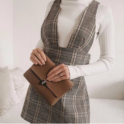 ZARA - Brown Plaid Pinafore Deep V Neck Dress