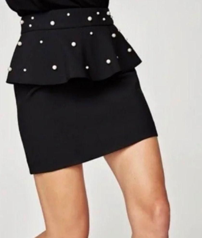 ZARA - Black Peplum Mini Skirt W/ Pearl Embellishments