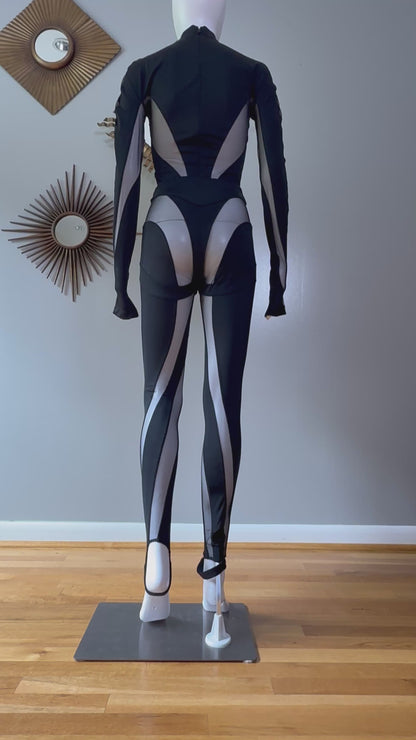 Mugler x H&M - Black Mesh Paneled Stirrup Bodysuit/Leggins Set