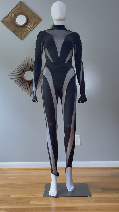 Mugler x H&M - Black Mesh Paneled Stirrup Bodysuit/Leggins Set