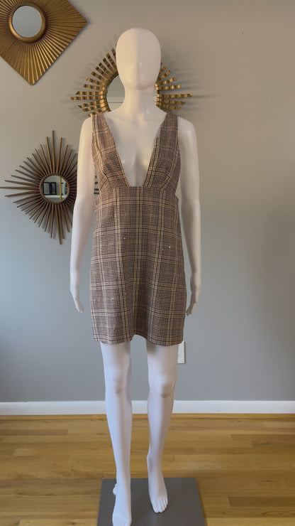 ZARA - Brown Plaid Pinafore Deep V Neck Dress