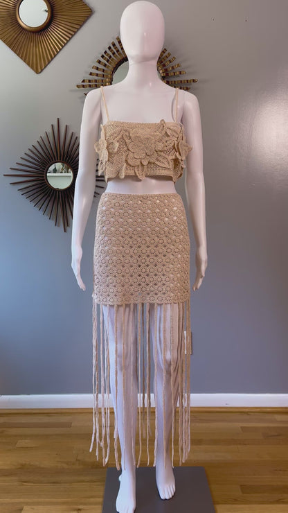 ZARA - Beige Flower Crochet Top & Skirt Set