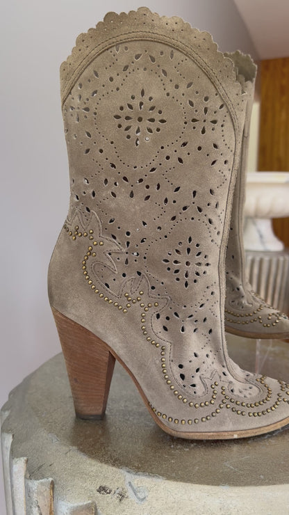 Dolce & Gabbana - Tan Laser Cut Suede Western Boots