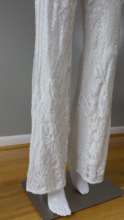 Club L London - White Allover Baroque Sequin Flare Pants